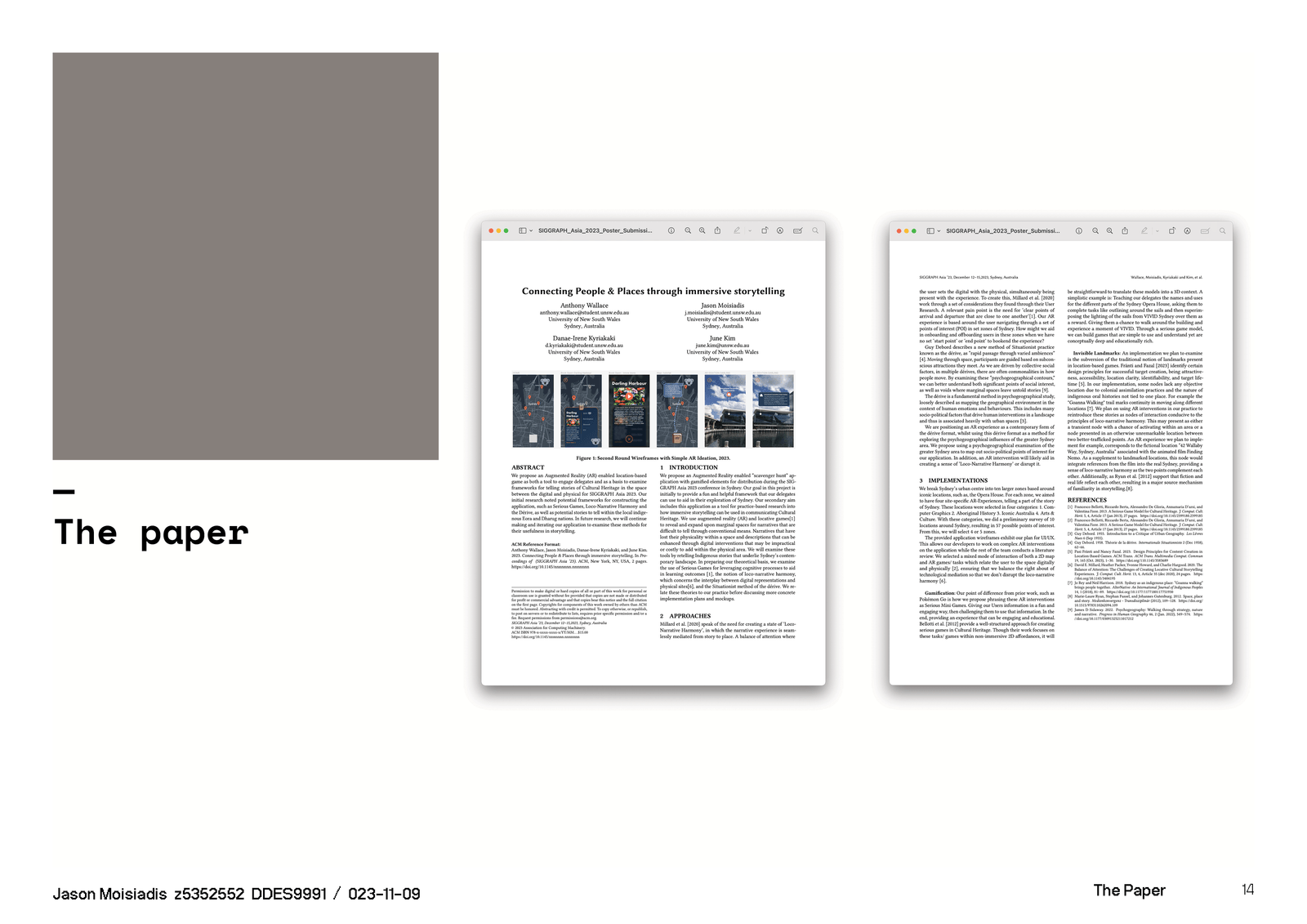 Two pages of the SIGGRAPH Asia 2023 poster submission, titled Connecting People and Places through immersive storytelling, with wireframe screenshots of the AR application