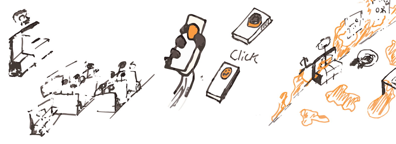 Hand-drawn concept sketches in orange and white on black for Pocket Home, showing a handheld device and a person entering a virtual version of their home